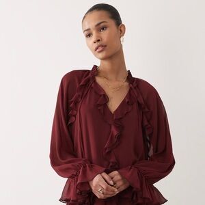 New MELLODAY Sheer Burgundy Ruffle Detail Blouse with Under camisole. Size S